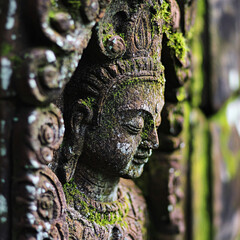 Ancient Mossy Stone Carving Statue Ubud Bali Indonesia
