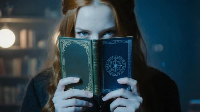 Mysterious Woman Reading Enchanted Grimoire in Dimly Lit Library - Woman with Ancient Magic Book