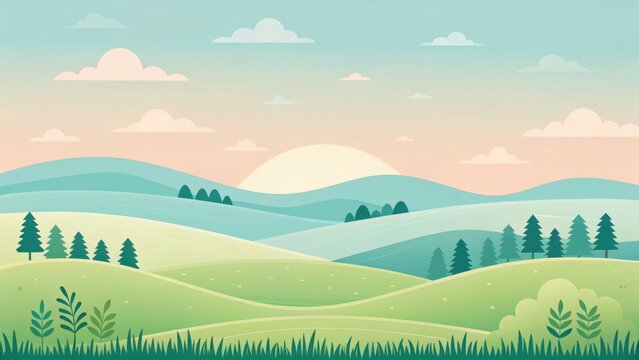 Serene rolling green hills under a pastel sky with a gentle sunrise