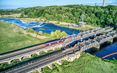Drone Photo of Train on Railway Bridge Above River Trent, Long Eaton