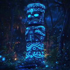 Glowing Tiki Statue in a Mysterious Blue Forest Night
