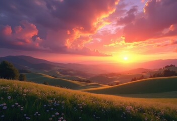 Obraz premium visually striking sunset over rolling hills vibrant sky colors aesthetic landscape, nature, clouds, scene, scenic, view, terrain, gradient, evening, dusk