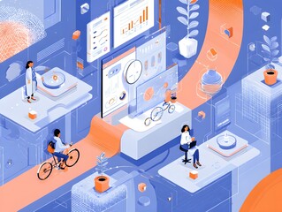 Obraz premium Isometric Illustration of a Modern Workplace with Technology, Security and Data Flow.