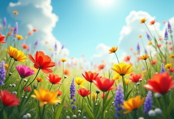Obraz premium vivid wildflower meadow blue sky nature landscape colorful blossoms springtime serenity blooms flora, petal, landform, vibrant, summer, botany, grass