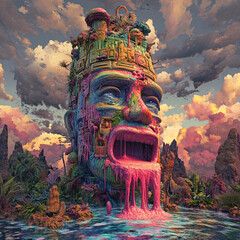 Surreal Fantasy Landscape Monumental Head Sculpture Colorful Dreamscape Art