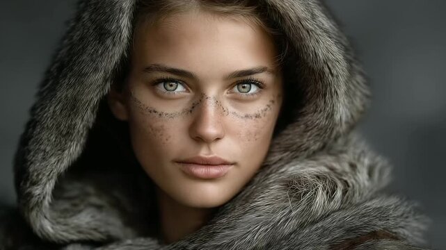 Nordic Viking Woman Portrait with Traditional Face Paint and Fur Cloak