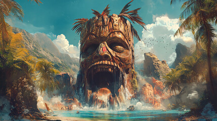 Tropical Island Tiki Head Statue Paradise Adventure Landscape