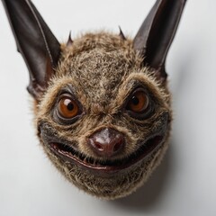 A detailed close-up of a bat’s face on a white background



