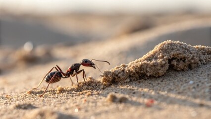Fototapeta premium Black ant walking on sand in natural habitat illustrating environmental issues 