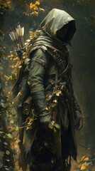 Fototapeta premium Warrior with bow and arrows in hooded attire inside a dense forest setting