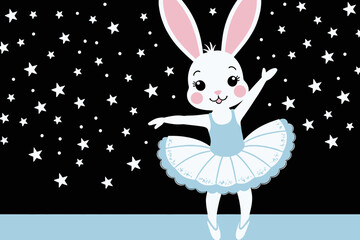 Bunny Ballerina Dancing Under the Stars-Cute Rabbit in a Tutu Performing Ballet-Charming Cartoon Illustration for Kids and Dance Lovers-Adorable Animal Dancer