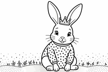 Cute Bunny Coloring Page-Adorable Rabbit with Crown and Sweater-Free Printable for Kids-Easter Activity-Animal Illustration-Black and White Line Art
