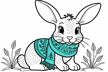 Obraz premium Cute Bunny Coloring Page-Winter Scarf Rabbit Illustration-Printable Animal Art-Relaxing Activity for Kids-Adorable Bunny with Detailed Scarf Design