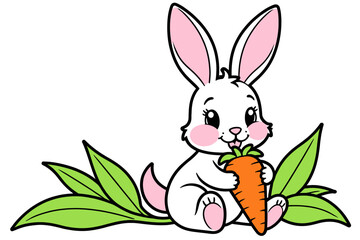 Cute Bunny Holding Carrot Cartoon Image-Adorable Easter Rabbit Illustration-Playful Vector Art for Kids-Spring Animal Graphic-Funny Rabbit Clip Art