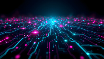 Obraz premium Interconnected glowing network. Digital data flow, futuristic technology, circuit board, abstract light trails, connections.