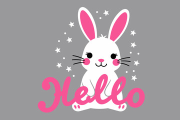 Obraz premium Cute Bunny Illustration- Hello Graphic with Pink Accents- Adorable Cartoon Rabbit Design- Perfect for Easter Projects- Whimsical Animal Art with Stars_