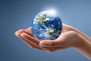 Hands gently cradle a radiant Earth against a smooth blue backdrop