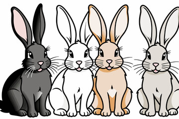 Fototapeta premium Cute Bunny Rabbits Cartoon Illustration - Adorable Easter Bunny Graphics for Kids - Springtime Animal Clip Art with Black White Brown and Gray Hares