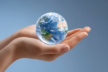 Hands hold a globe with visible continents oceans against a smooth blue backdrop