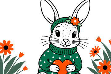 Naklejka premium Cute Bunny with Heart-Spring Flowers-Adorable Rabbit in Green Sweater-Valentine's Day Illustration-Lovely Animal Art for Kids-Whimsical Design for Easter-Bunny Love