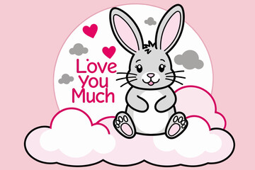 Fototapeta premium Cute Cartoon Bunny with Hearts - Love You Much Message - Pink Background - Perfect for Valentine's Day or Children's Decor - Whimsical and Adorable Bunny Art