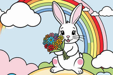 Obraz premium Cute Cartoon Bunny with Rainbow and Flowers-Happy Easter Rabbit Illustration-Springtime Animal Character for Kids-Adorable Floral Bouquet Artwork