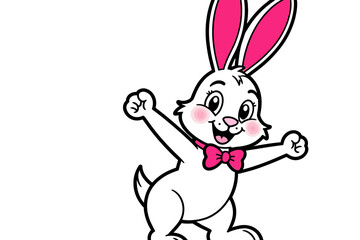 Obraz premium Cute Cartoon Bunny with Pink Bowtie Illustration-Happy Rabbit Character for Easter Designs-Smiling Animal Clipart for Kids-Playful Bunny Vector Art-White Background
