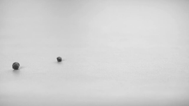 8 black gallbladder lumps or gallstones slow motion falling down or fall out one by one from cholesterol or bad food on gray white table for medical background by mono