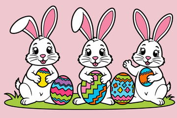 Fototapeta premium Cute Easter Bunnies with Colorful Eggs-Happy Easter Illustration-Springtime Fun for Kids-Festive Holiday Celebration-Easter Decoration Ideas