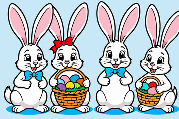 Obraz premium Cute Easter Bunnies with Easter Eggs - Adorable Cartoon Rabbits for Spring Holiday - Festive Easter Illustration for Kids - Happy Easter Design