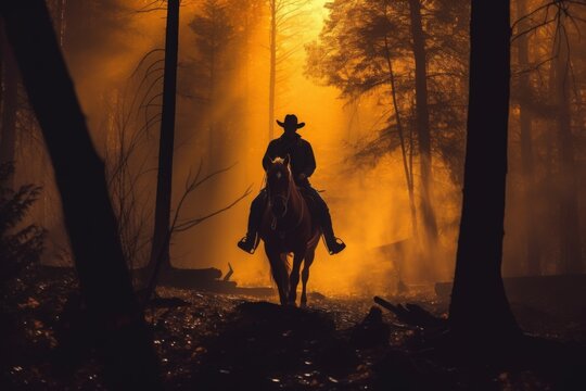 Silhouette of cowboy riding horse through sunlit golden hour forest