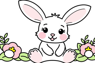 Obraz premium Cute Easter Bunny Illustration-Cartoon Rabbit with Flowers-Springtime Animal Graphic-Adorable Hare for Kids-White Bunny Clipart-Festive Easter Design