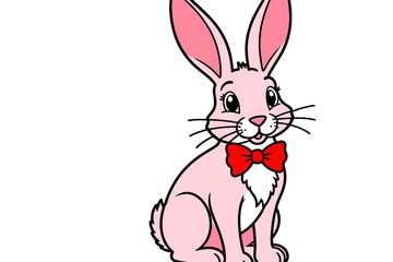 Obraz premium Cute Pink Cartoon Bunny with Red Bow Tie - Adorable Easter Rabbit Illustration - Perfect for Kids and Holiday Crafts - Funny Animal Art for Children