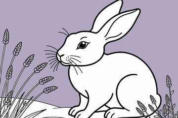 Cute Rabbit Illustration with Lavender on a Purple Background - Black and White Bunny Art for Coloring Books and Crafts - Whimsical Hare Design