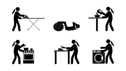 Set of stick figures, cooking and housework. Black silhouettes on white background, flat vector illustration.