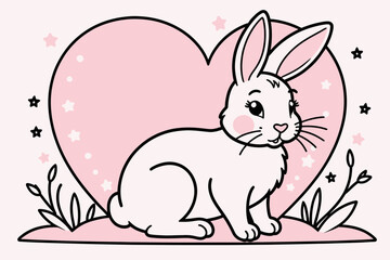 Obraz premium Cute White Bunny Illustration-Pink Heart Background-Star Accents-Whimsical Animal Art-Ideal for Kids Decor-Spring Time Graphics-Adorable Rabbit Design