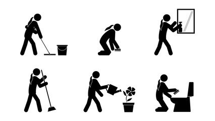 Set of stick figures, cleaning in the bathroom and house, flat vector illustration.