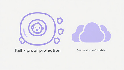 Purple protective gear and cloud icon represent fall protection, softness and comfort, used for baby protection and daily care scenarios.