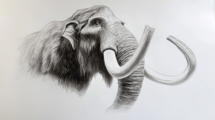 Detailed Drawing of a Mammoth with Intricate Hair and Tusks