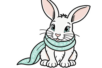 Obraz premium Cute White Rabbit with Scarf Illustration-Cartoon Bunny Character Image-Winter Animal Art for Kids-Festive Holiday Season Design-Adorable Hare with Scarf Clipart