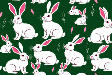 Obraz premium Cute White Rabbits on Green Background - Whimsical Easter Pattern - Perfect for Spring Decor - Bunny Illustration with Pink Accents - Adorable Animal Art