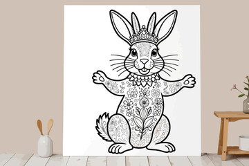 Obraz premium Easter Bunny Coloring Page-Floral Rabbit Design-Perfect for Kids & Adults-Relaxing Spring Activity-Creative DIY Art-Printable Holiday Fun