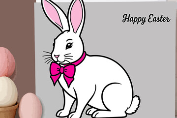 Fototapeta premium Happy Easter Bunny with Pink Bow Tie - Cute Easter Card Design - Spring Holiday Celebration - Easter Egg Decoration Ideas - Festive Easter Season Images