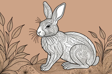 Fototapeta premium Intricate Rabbit Illustration for Coloring Pages-Detailed Line Art of a Hare Surrounded by Foliage-Perfect for Adult Coloring and Relaxation-Animal-Themed Art Project