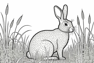 Obraz premium Rabbit Coloring Page - Printable Bunny in Grassy Field - Cute Animal Outline for Kids and Adults - Relaxing Nature Scene - Perfect for Easter Crafts or Art Therapy