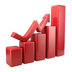 Red 3d bar chart with upward trend arrow isolated on transparent background