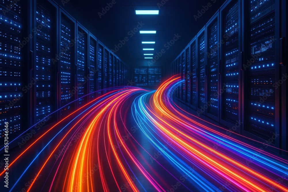 Poster data highway: visualize the pulse of global digital connectivity as dynamic light trails, representi