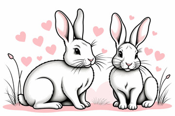Fototapeta premium Two Cute White Rabbits with Pink Hearts Background-Lovely Rabbit Couple Illustration for Valentine's Day-Adorable Bunny Art for Kids-Festive Easter Rabbits Clipart