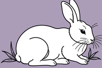 Obraz premium White Rabbit Illustration on Purple Background-Cute Bunny Drawing for Kids-Easy Easter Rabbit Outline Image-Simple Animal Clipart Design