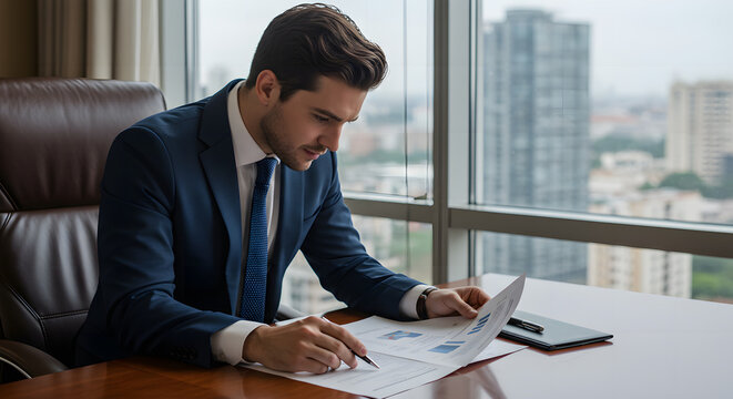 Focused Executive: A sharp, determined executive meticulously reviews financial documents in a high-rise office, the cityscape providing a backdrop to his focused work.